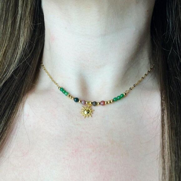 New! “Sunny” Gold Beaded Sun Pendant Chain Necklace - Picture 4 of 4